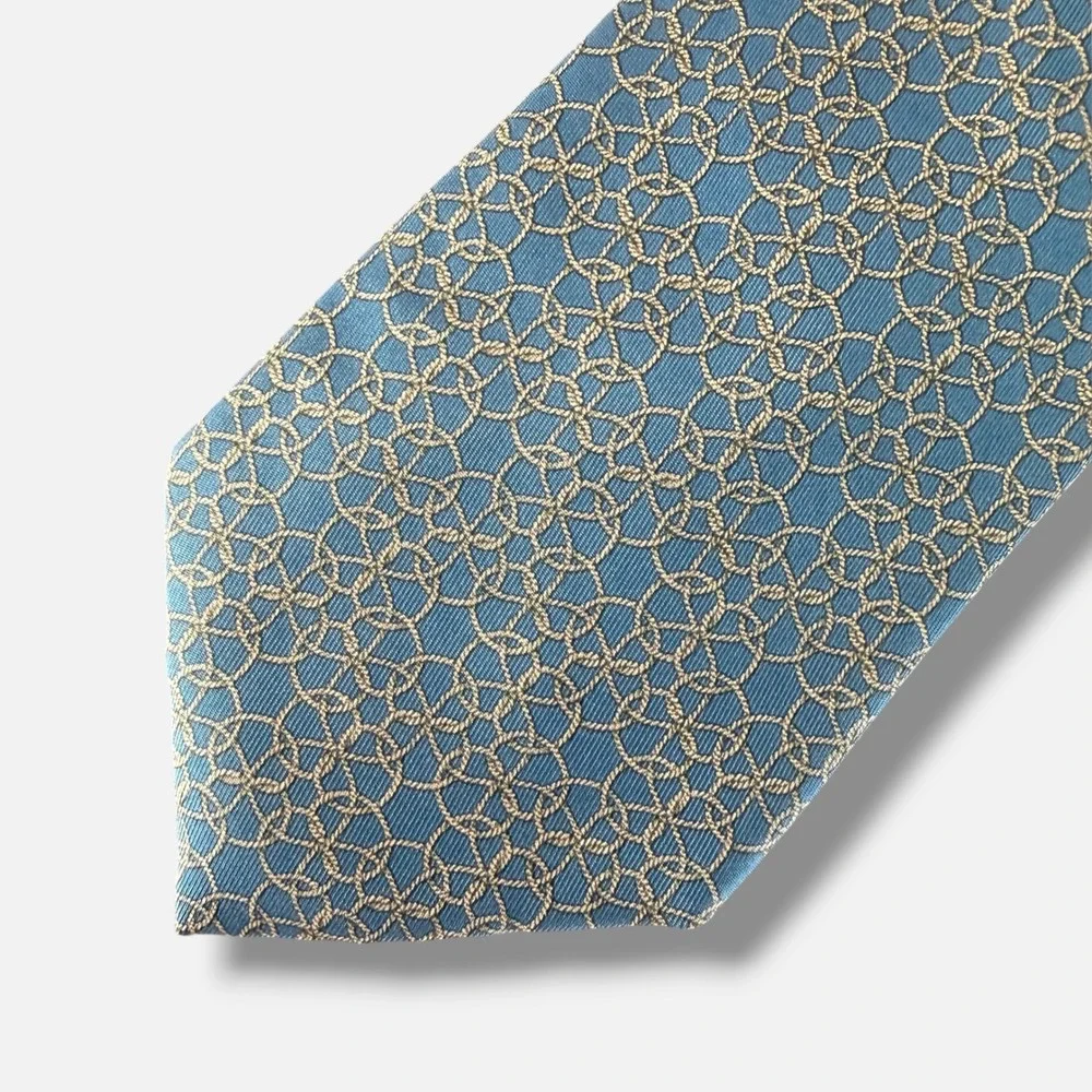 Hermes Tie Mens Blue Interlocking Chain Rope Weave Silk Made in France 7822 UA